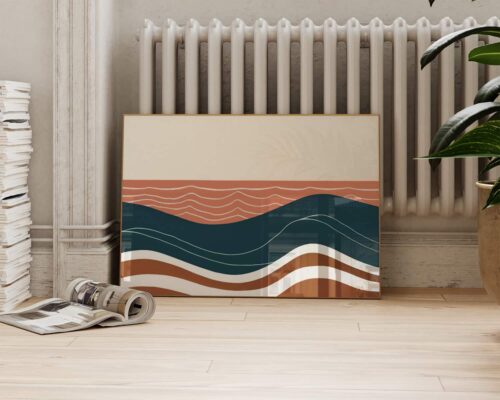 ⁦תמונה לחדר שינה מעל המיטה בסגנון בוהו שיק גלים וקווים בצבעי כחול וטרקוטה⁩ – תמונה ⁦2⁩