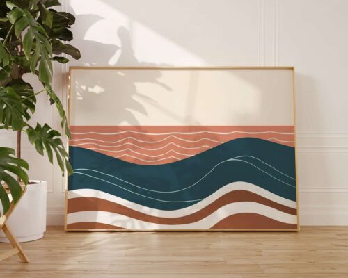 ⁦תמונה לחדר שינה מעל המיטה בסגנון בוהו שיק גלים וקווים בצבעי כחול וטרקוטה⁩ – תמונה ⁦3⁩