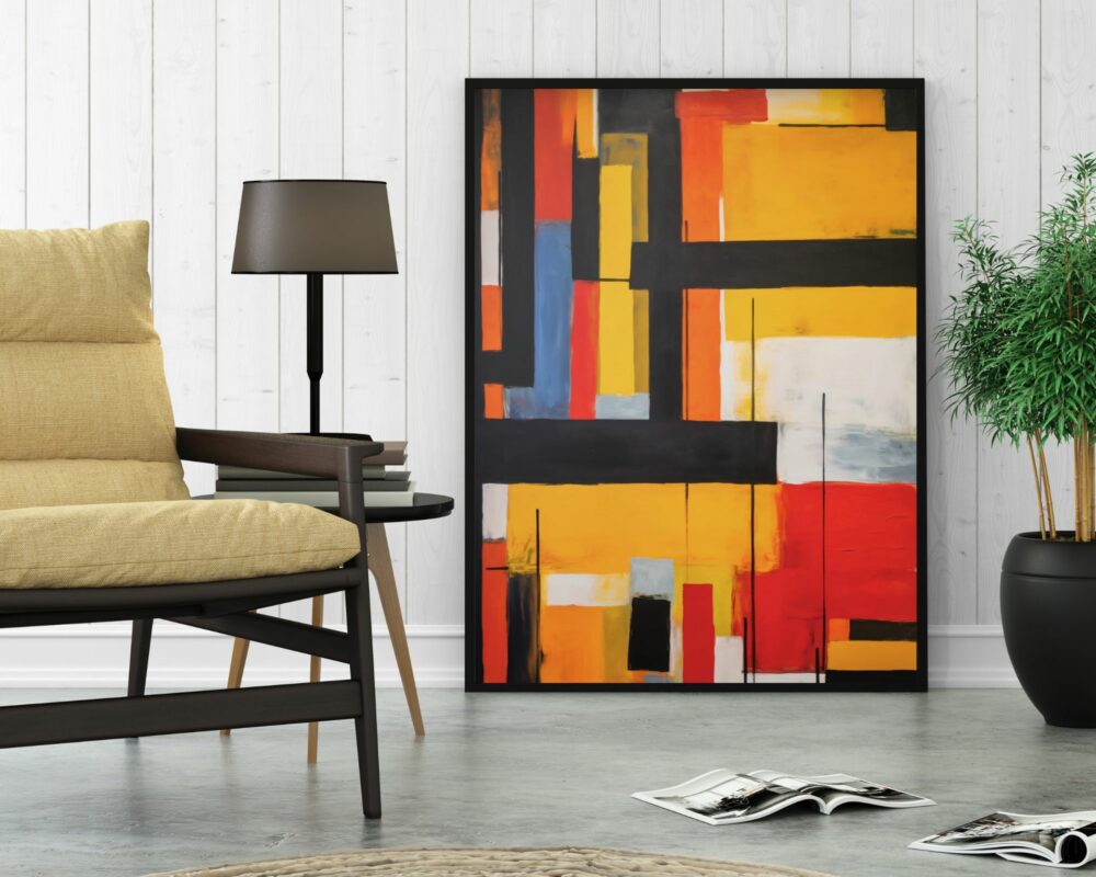 סלון מודרני כולל ציור אבסטרקטי גדול וצבעוני שכותרתו "תמונה למשרד נוסח אבסטרקט קווים וריבועים צהוב ואדום", מעוטר במלבנים של צבעים צהוב, אדום, שחור, לבן וכחול. הציור נשען על קיר מחודד לבן לצד כורסה בצבע בז', מנורת רצפה שחורה ועציץ ירוק.