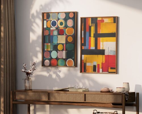 ⁦תמונה למשרד בסגנון אבסטרקט קווים וריבועים צהוב ואדום⁩ – תמונה ⁦4⁩