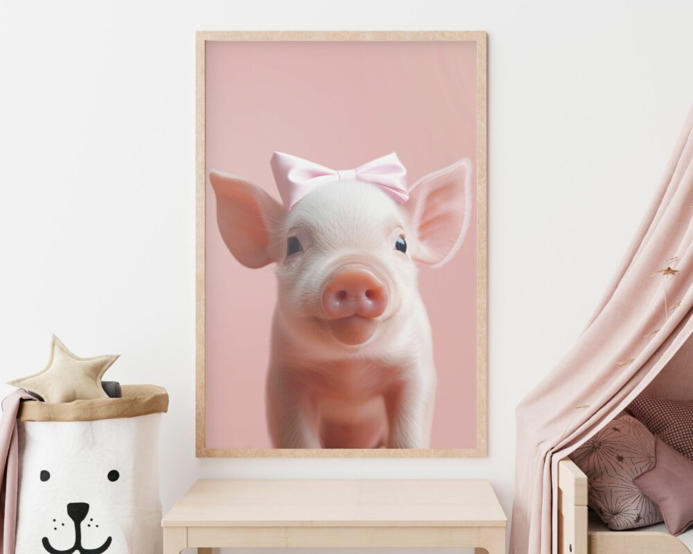 תמונה ממוסגרת של "חזרזיר בייבי עם פפיון בורוד עדין" תלויה על קיר לבן מעל שולחן קטן. משמאל, יש פח אחסון לבן עם פנים דובי וכריות בצורת כוכב. מימין, חופה ורודה מתנדנדת על קצה המיטה או אזור המשחקים.