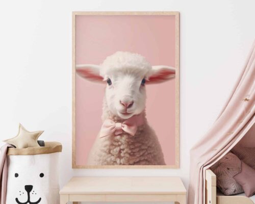 תמונה ממוסגרת בשם "טלה בייבי עם פפיון על רקע ורוד עדין" תלויה על קיר לבן. מתחתיו שולחן קטן עם פח אחסון לבן גחמני בצורת פני חיה, מלא בכריות בצורת כוכב. חופה מבד סגול מתכסת על רהיט מימין.