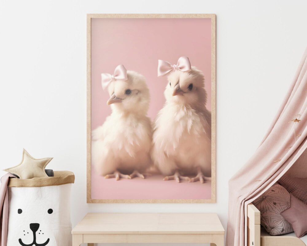 תמונה ממוסגרת שכותרתה "זוג אפרוחים בייבי עם פפיונים על רקע ורוד עדין" תלויה על קיר לבן. משמאל, יש פח אחסון לבן עם פני דוב ועיטורי כוכבים. מימין, אוהל ורוד סומק בדוגמת כוכבים נשפך למטה, נראה חלקית.