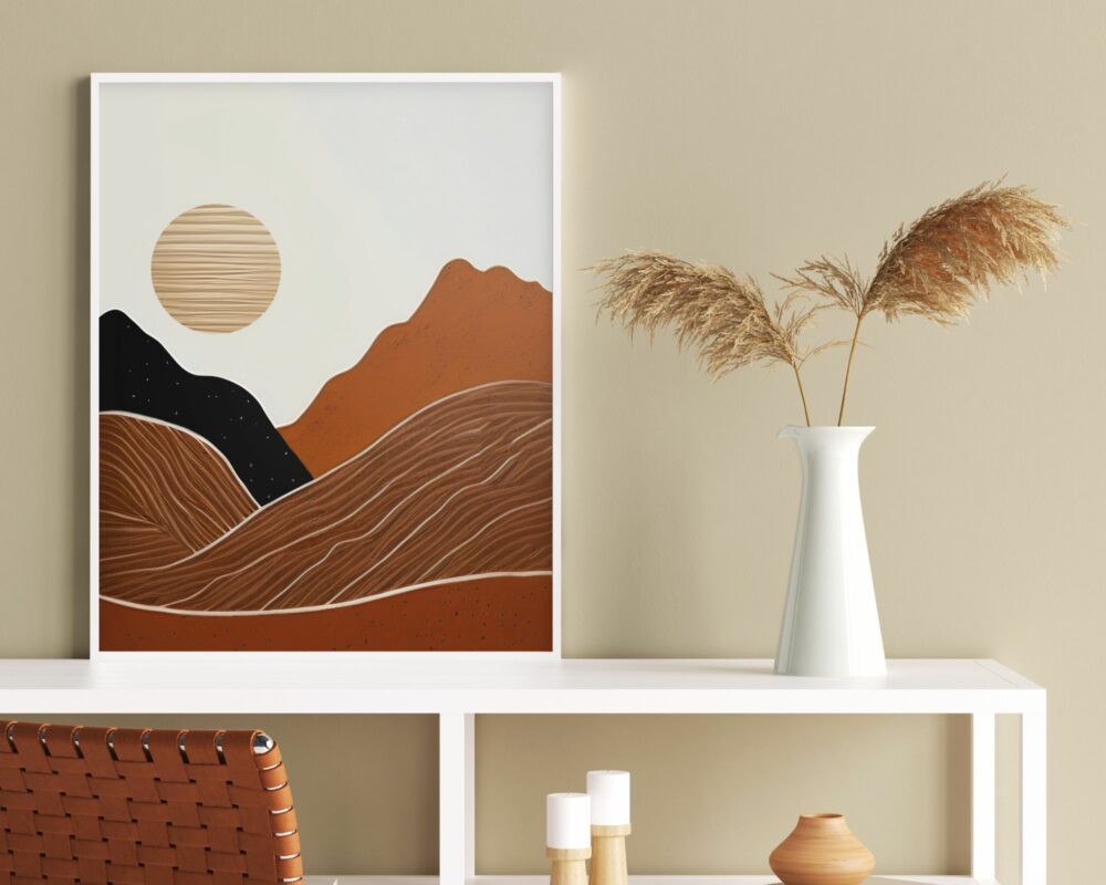 הדפס אמנות ממוסגר בשם "תמונה לחדר שינה נוסח בוהו שיק שמש מעל הרים מדברים" יושב על מדף לבן, הכולל הרים מסוגננים, שמש וקווים מופשטים בגווני חום, שחור ובז'. לצד ההדפס אגרטל לבן ובו דשא פמפס מיובש. למדף יש גם כיסא ארוג בצבע חום ונרות.