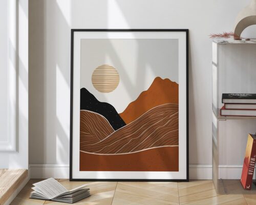 ⁦תמונה לחדר שינה בסגנון בוהו שיק שמש מעל הרים מדבריים⁩ – תמונה ⁦2⁩