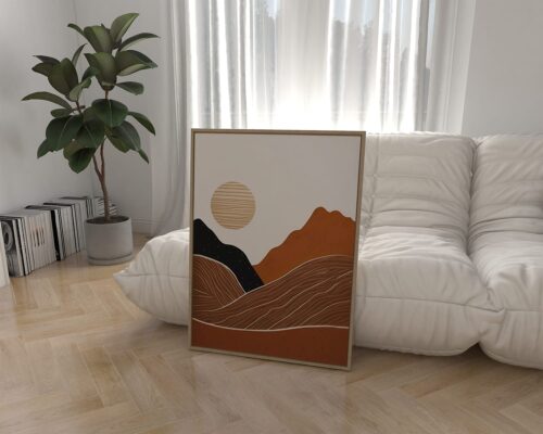 ⁦תמונה לחדר שינה בסגנון בוהו שיק שמש מעל הרים מדבריים⁩ – תמונה ⁦3⁩