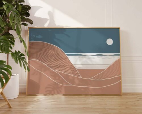 ⁦תמונה לחדר שינה מעל המיטה בסגנון בוהו שיק ירח מלא מעל חוף ים⁩ – תמונה ⁦3⁩