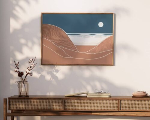 ⁦תמונה לחדר שינה מעל המיטה בסגנון בוהו שיק ירח מלא מעל חוף ים⁩ – תמונה ⁦4⁩