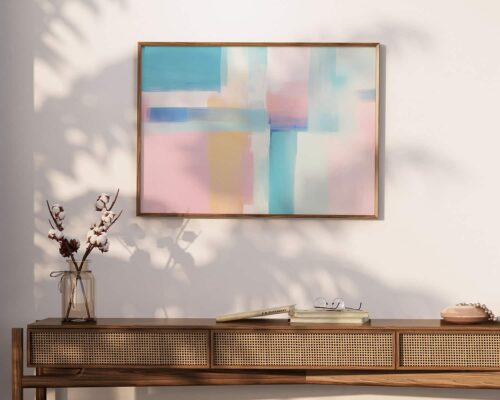 ⁦תמונה לחדר שינה מעל המיטה משיכות מכחול בצבעי פסטל תכלת ורוד וסגול⁩ – תמונה ⁦4⁩