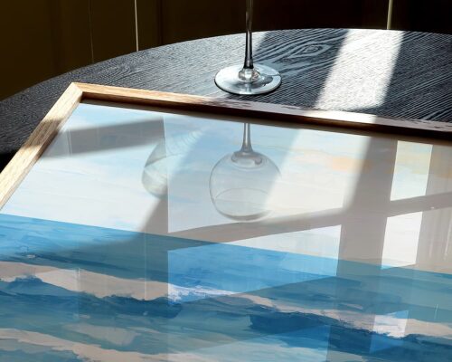 ⁦תמונה לחדר שינה בעיצוב אבסטרקט חוף ים וגלים במשיכות מכחול בולטות⁩ – תמונה ⁦5⁩