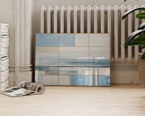 ⁦תמונה בסגנון אבסטרקט לחדר שינה מעל המיטה חוף ים עם גלים רגועים⁩ – תמונה ⁦2⁩