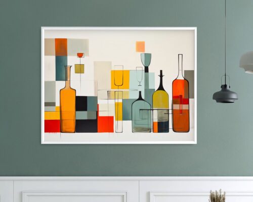 ציור אבסטרקטי מודרני, תמונה לפינת אוכל ומעל הספה בעיצוב אבסטרקט מודרני בקבוקי יין וכוסות, מוצג על קיר ירוק מעל מחסנית לבנים. היצירה מציגה צורות גיאומטריות צבעוניות וקווי מתאר של בקבוקים וכוסות שונים בגווני כתום, אדום, צהוב, צהוב ואפור המסודרים בסגנון מינימליסטי.