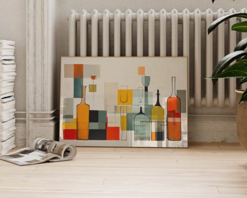 ⁦תמונה לפינת אוכל ומעל הספה בעיצוב אבסטרקט מודרני בקבוקי יין וכוסות⁩ – תמונה ⁦2⁩