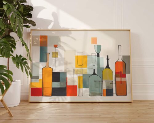⁦תמונה לפינת אוכל ומעל הספה בעיצוב אבסטרקט מודרני בקבוקי יין וכוסות⁩ – תמונה ⁦3⁩