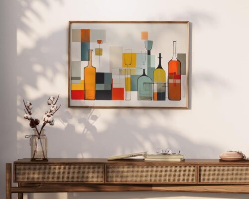 ⁦תמונה לפינת אוכל ומעל הספה בעיצוב אבסטרקט מודרני בקבוקי יין וכוסות⁩ – תמונה ⁦4⁩