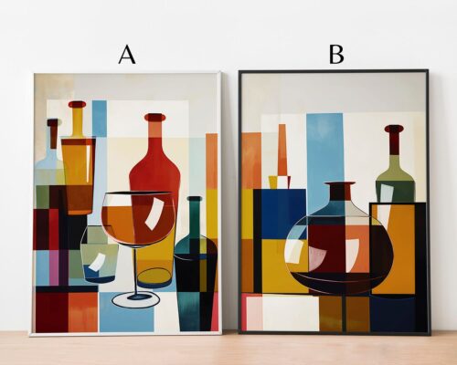 ⁦סט פוסטרים לפינת אוכל ומעל הספה בסגנון מודרני מופשט בקבוקים וכוסות⁩ – תמונה ⁦2⁩