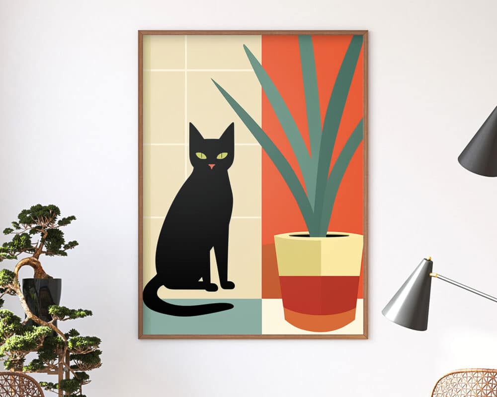 תמונה ממוסגרת למשרד בעיצוב מודרני חתול שחור ועציץ מתארת חתול שחור יושב ליד עציץ בעל עלים ירוקים ארוכים. הרקע כולל צורות גיאומטריות בבז', כתום וירוק. המסגרת יושבת על קיר לבן, המודגש על ידי צמח קטן וגופי מנורות שחורות מודרניות.