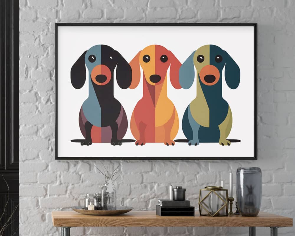 יצירת אמנות ממוסגרת תלויה על קיר לבנים לבנים, המתארת שלושה כלבי תחש מופשטים וססגוניים בשורה. מתחת לציור, מדף עץ מכיל פריטי נוי שונים, ביניהם נרות, אגרטל זכוכית ופסלים גיאומטריים. יצירת אמנות זו היא "תמונה לסלון מעל הספה בעיצוב מושפט מודרני שלושה כלבי נקניק (תחשדקל)".