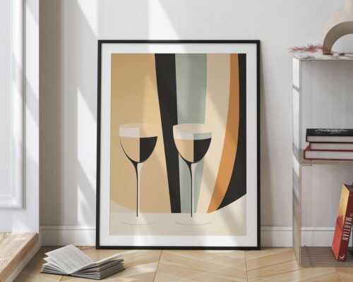 ⁦תמונה לפינת אוכל ולמטבח בעיצוב מושפט מודרני כוסות יין בצבעי בז'⁩ – תמונה ⁦2⁩