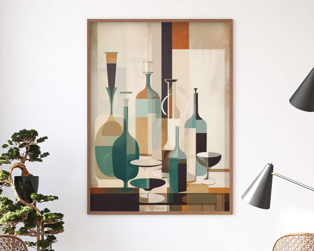 על קיר לבן תלויה *תמונה לפינת אוכל ולמטבח נוסח אבסטרקט מודרני בקבוקים וכוסות קוקטייל* המתארת בקבוקים וכוסות שונים בצורות גיאומטריות ובגווני אדמה. בחזית, יש עץ בונסאי קטן וחלק ממנורה שחורה מודרנית עם מבטא זהב.