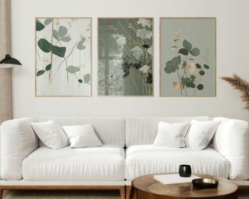 ⁦סט 3 תמונות לסלון בסגנון מינימליסטי צמחים ירוק עדין⁩ – תמונה ⁦2⁩