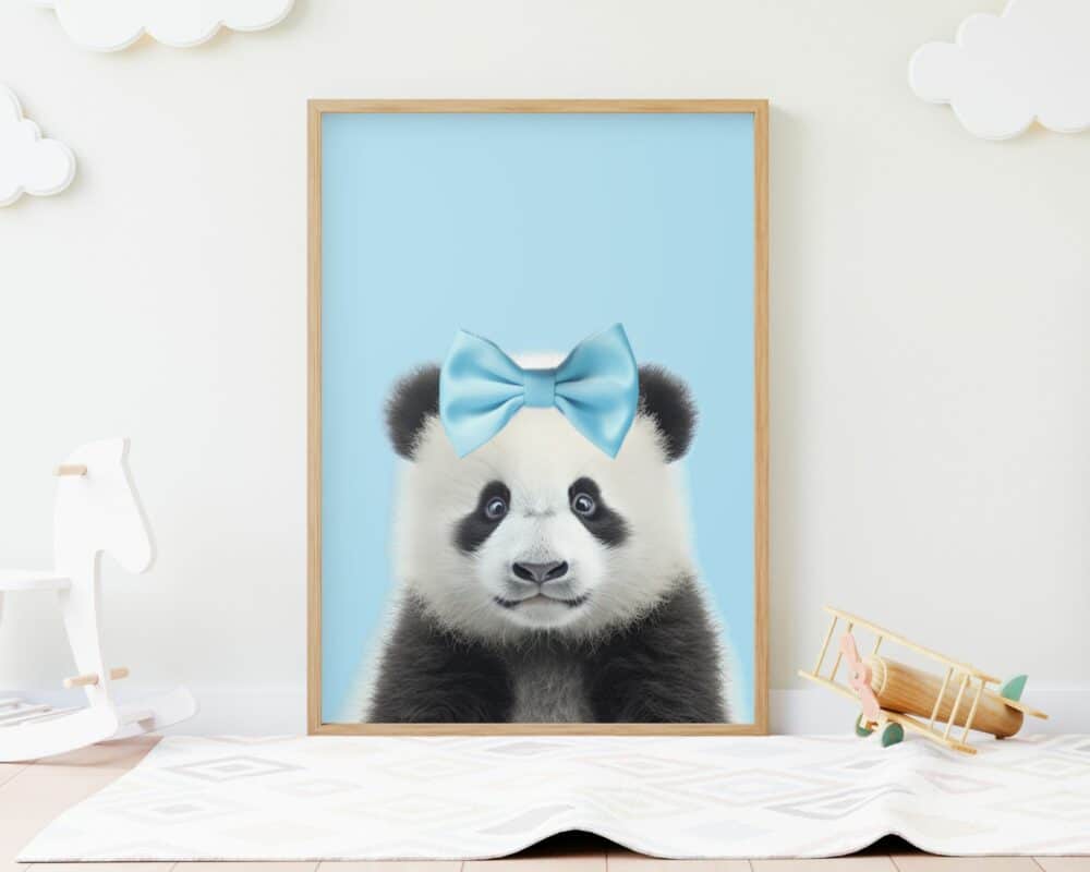 איור ממוסגר שכותרתו "פנדה בייבי עם פפיון על רקע תכלת" מציג דוב פנדה מקסים עם קשת כחולה על ראשו, על רקע כחול פסטל. המסגרת מוצגת עומדת על הרצפה בחדר ילדים בצבע בהיר, מוקפת ברהיטים וצעצועים לבנים, כולל סוס נדנדה מעץ ומטוס.