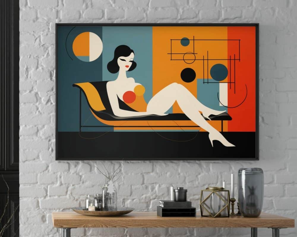 ציור מופשט ממוסגר שכותרתו "תמונה מעל הספה בעיצוב מודרני אישה יושבת על כורסה" מתנוסס על כיסא מודרני, תלוי על קיר לבנים לבן. הציור מציג צורות גיאומטריות בגווני כתום, שחור, כחול ואפור. מתחת ליצירות האמנות, שולחן מכיל כלי זכוכית, נרות ופריטי נוי.