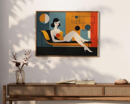 ⁦תמונה מעל הספה בעיצוב מודרני אישה יושבת על כורסה⁩ – תמונה ⁦4⁩