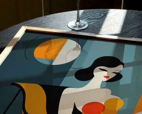 ⁦תמונה מעל הספה בעיצוב מודרני אישה יושבת על כורסה⁩ – תמונה ⁦6⁩