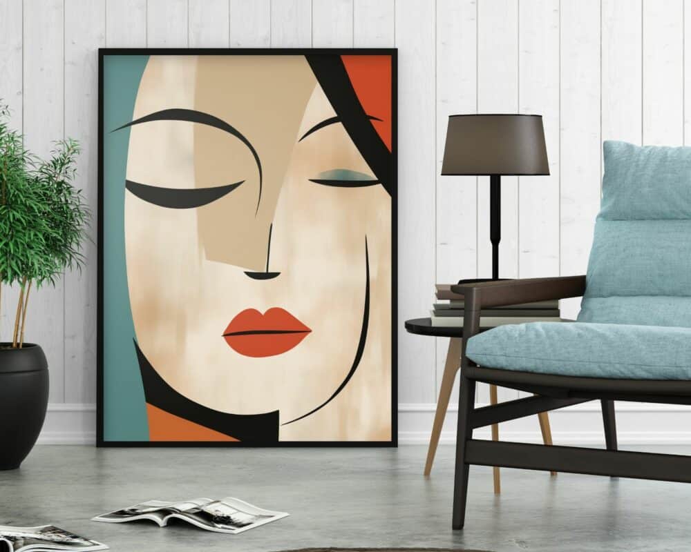 סלון מינימליסטי הכולל תמונה לחדר שינה בסגנון מודרני דיוקן של אישה, יצירת אומנות מופשטת ממוסגרת של פני אישה עם עיניים עצומות, הבעה שלווה ושפתיים אדומות. הקיר המחופה הלבן, הרצפה האפורה, העציץ, שולחן הצד עם המנורה והכיסא המרופד בצבע צהבהב משלימים את העיצוב.