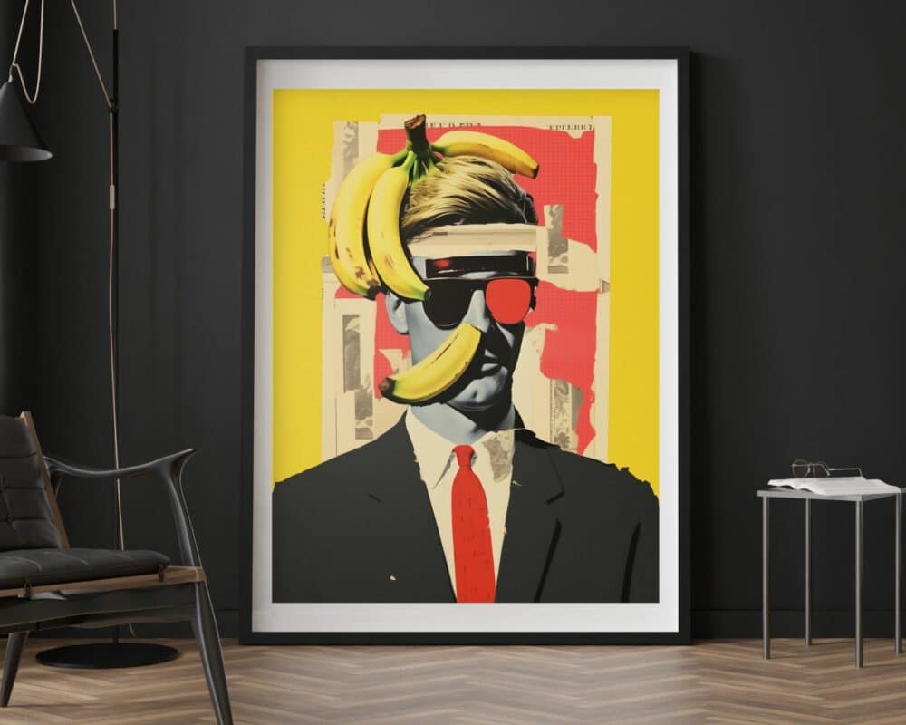 יצירת האמנות הממוסגרת, ששמה "תמונה לפינת אוכל ולמטבח נוסח קולאז' רטרו פורטרט סוריאליסטי איש ובננות", מציגה גבר בחליפה מעוטרת בבננות על ראשו ופניו. הוא מרכיב משקפיים בגוון אדום ועניבה אדומה. הרקע מציג גוון צהוב עם צורות מופשטות וגזרי עיתונים. יצירה זו מוצגת על רקע קיר כהה, מלווה בכיסא ושולחן בקרבת מקום.