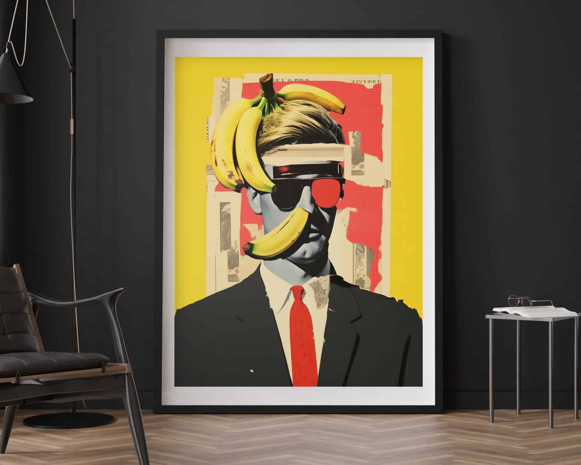 2414mo1 יצירת האמנות הממוסגרת, ששמה "תמונה לפינת אוכל ולמטבח נוסח קולאז' רטרו פורטרט סוריאליסטי איש ובננות", מציגה גבר בחליפה מעוטרת בבננות על ראשו ופניו. הוא מרכיב משקפיים בגוון אדום ועניבה אדומה. הרקע מציג גוון צהוב עם צורות מופשטות וגזרי עיתונים. יצירה זו מוצגת על רקע קיר כהה, מלווה בכיסא ושולחן בקרבת מקום.