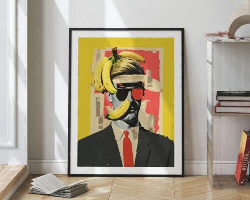 ⁦תמונה לפינת אוכל ולמטבח בסגנון קולאז' רטרו פורטרט סוריאליסטי איש ובננות⁩ – תמונה ⁦2⁩