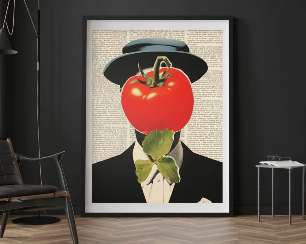 יצירת אמנות ממוסגרת בשם "תמונה לפינת אוכל ולמטבח נוסח קולאז' רטרו פורטרט סוריאליסטי של איש עגבניה" תלויה על קיר חשוך. האמנות מתארת גבר בחליפה ועניבת פרפר עם עגבנייה גדולה מסתירה את פניו. ברקע יש טקסט שמזכיר דף עיתון או ספר. משמאל כיסא, ומימין שולחן קטן עם ספרים.