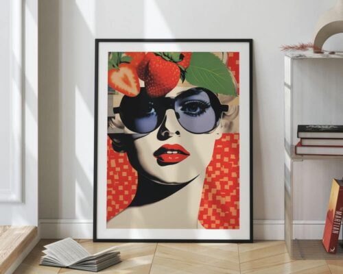 ⁦תמונה לפינת אוכל ולמטבח בסגנון רטרו אישה ותותים על רקע אדום⁩ – תמונה ⁦2⁩