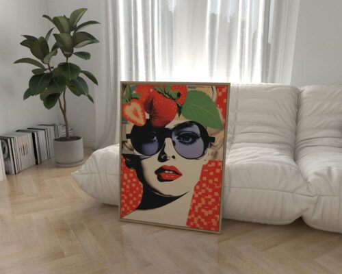 ⁦תמונה לפינת אוכל ולמטבח בסגנון רטרו אישה ותותים על רקע אדום⁩ – תמונה ⁦3⁩