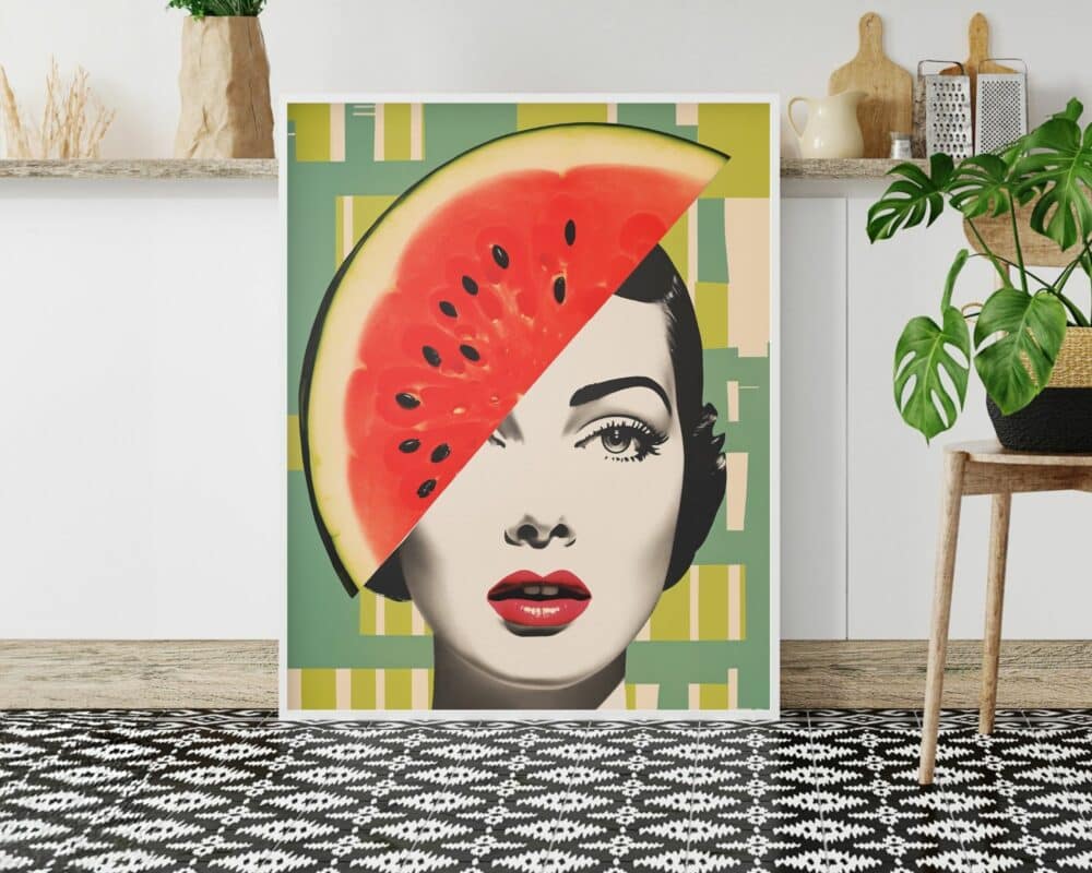 יצירת אמנות ממוסגרת, שכותרתה תמונה לפינת אוכל ולמטבח נוסח רטרו אישה ואבטיח על רקע ירוק, המתארת פנים של אישה עם פרוסת אבטיח גדולה לכובע, מוצגת על הרצפה על רקע ארון לבן. היצירה כוללת רקע ירוק עם דוגמאות גיאומטריות. התפאורה כוללת גם שטיח בדוגמת שחור ולבן ומעט ירק.