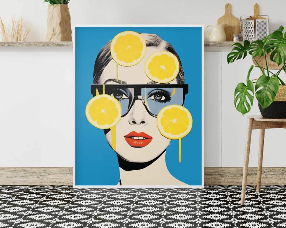 התמונה הממוסגרת לפינת אוכל ולמטבח נוסח רטרו אישה ולימונים על רקע תכלת מתארת אישה מסוגננת המרכיבה משקפי שמש עם פרוסות לימון על עיניה ופניה, על רקע כחול. הוא מוצג על רצפת חדר עם שטיח בדוגמת שחור ולבן וארונות לבנים, מוקף בצמחים ופריטי עיצוב.