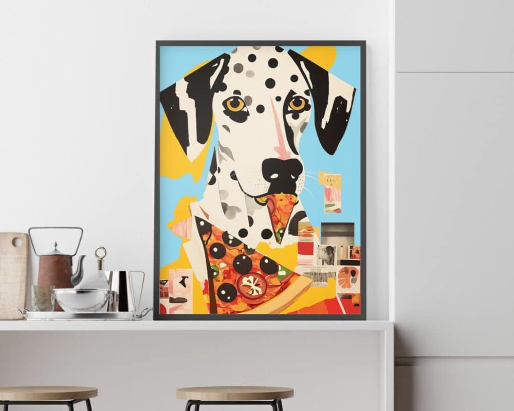 ה"תמונה לפינת אוכל נוסח קולאז' רטרו כלב דלמטי אוכל פיצה" ממוסגרת ומוצגת על משטח מטבח לבן. תפאורת המטבח כוללת שרפרפים, קומקום, קרשי חיתוך ומיקסר, הכל על רקע בהיר עם גוונים ניטרליים.