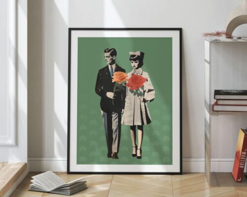 ⁦תמונה לפינת אוכל בסגנון רטרו זוג אוהבים על רקע ירוק⁩ – תמונה ⁦2⁩