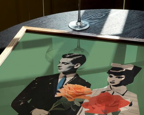 ⁦תמונה לפינת אוכל בסגנון רטרו זוג אוהבים על רקע ירוק⁩ – תמונה ⁦5⁩