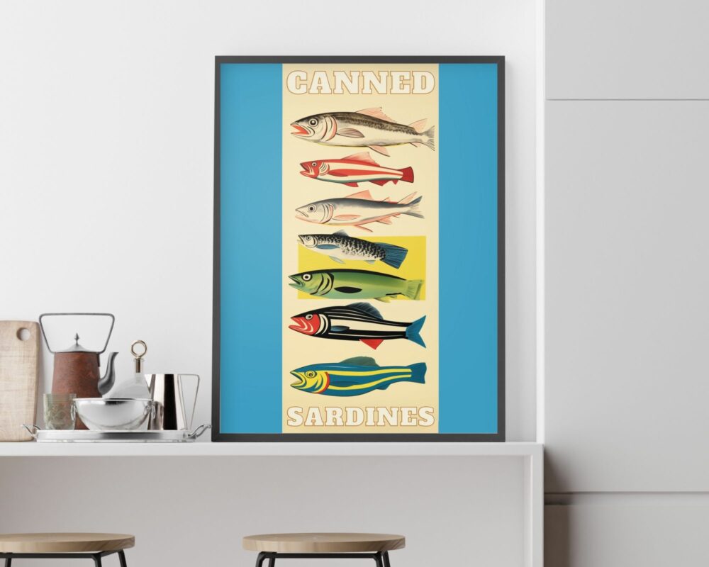 יצירות אמנות הכוללות סרדינים צבעוניים מסודרים אנכית, עם התווית "סרדינים משומרים" בחלק העליון והתחתון. המסגרת מונחת על דלפק מטבח לבן לצד קומקום, צנצנות וכלים. שני שרפרפי עץ תחובים מתחת לדלפק. יצירה זו ידועה בשם: למטבח ולפינת אוכל נוסח תמונה קולאז' רטרו סרד צבעוניים על רקע תכלת דגם ב'.