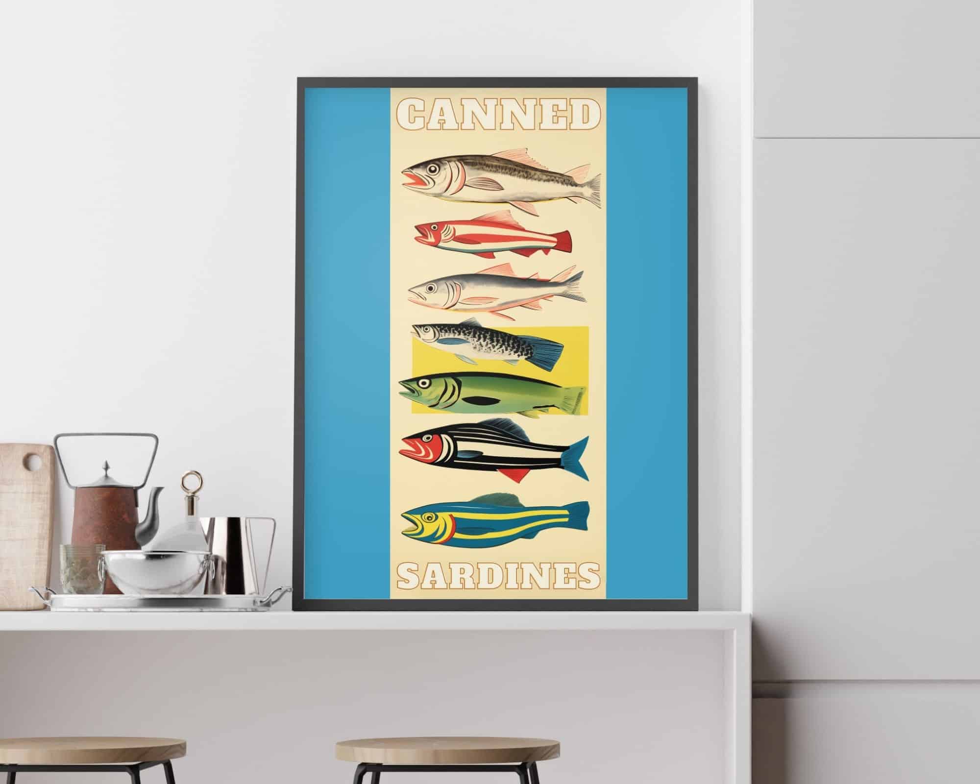 2425mo1 יצירות אמנות הכוללות סרדינים צבעוניים מסודרים אנכית, עם התווית "סרדינים משומרים" בחלק העליון והתחתון. המסגרת מונחת על דלפק מטבח לבן לצד קומקום, צנצנות וכלים. שני שרפרפי עץ תחובים מתחת לדלפק. יצירה זו ידועה בשם: למטבח ולפינת אוכל נוסח תמונה קולאז' רטרו סרד צבעוניים על רקע תכלת דגם ב'.