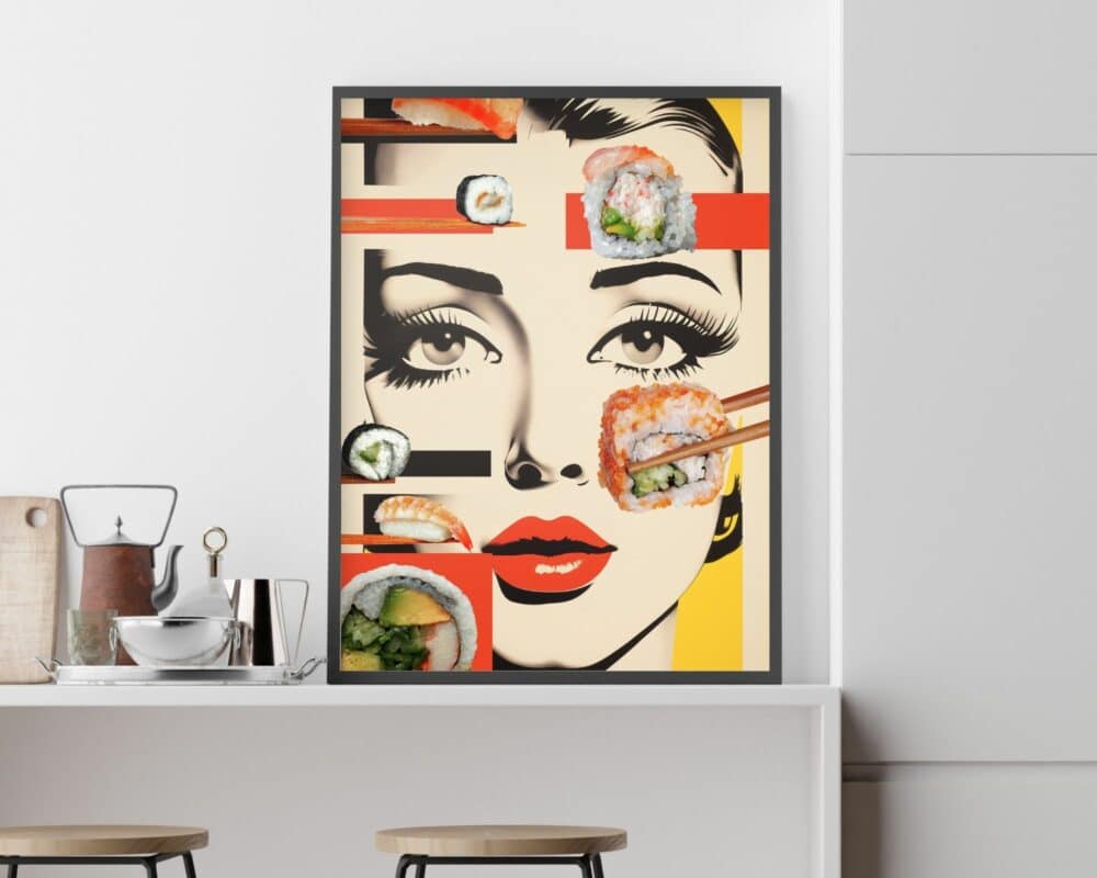 פוסטר קולאז' רטרו ממוסגר למטבח וחדר אוכל עם פנים של אישה עם איפור מודגש, מודגש על ידי חלקי סושי המונחים מעל. הכרזה נשענת על קיר לבן על דלפק במטבח, מלווה בכלים וכלי מטבח מסודרים בקפידה. שני שרפרפים ממוקמים בחזית.