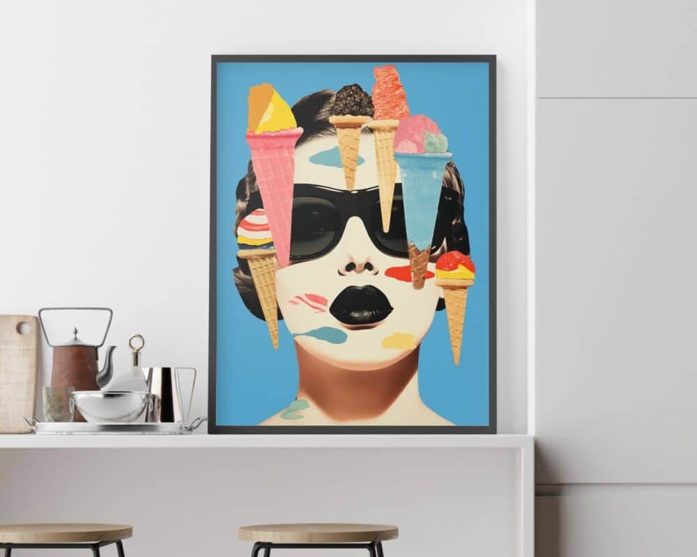 יצירת אמנות ממוסגרת בשם "תמונה למטבח ולפינת אוכל בסגנון רטרו קולאז' אישה וגלידה על רקע תכלת" מציגה אישה מסוגננת המרכיבה משקפי שמש שחורים ושפתון בהיר על רקע כחול בהיר. פניה מעוטרות בגביעי גלידה בצבעים וטעמים שונים, ויצירות האמנות מוצגות להפליא על מדף לבן בליווי פריטי מטבח.