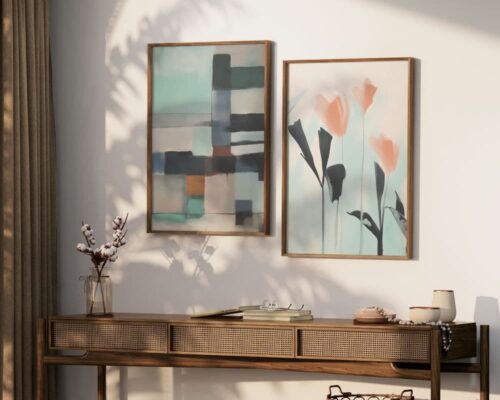 ⁦תמונה לחדר שינה בעיצוב מושפט של פרחים על רקע תכלת⁩ – תמונה ⁦2⁩