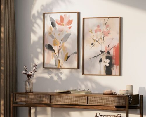 ⁦תמונה לחדר שינה בסגנון מופשט פרח בצבע ורוד ונגיעות זהב⁩ – תמונה ⁦4⁩