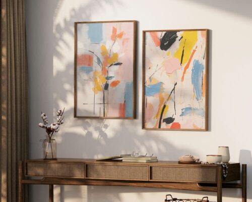 ⁦תמונה לפינת אוכל בעיצוב אבסטרקט משיכות מכחול צבעוניות⁩ – תמונה ⁦4⁩