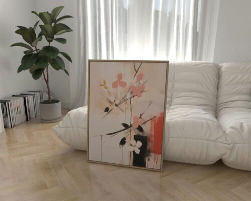 ⁦תמונה לחדר שינה בסגנון מופשט של פרחים בצבע ורוד עדין⁩ – תמונה ⁦3⁩