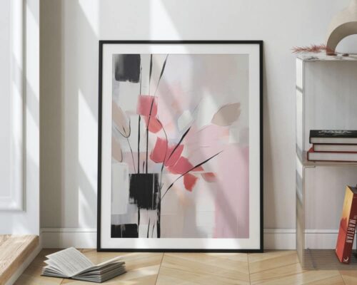 ⁦תמונה לחדר שינה בעיצוב אבסטרקט פרחים בצבע ורוד ונגיעות שחור⁩ – תמונה ⁦2⁩